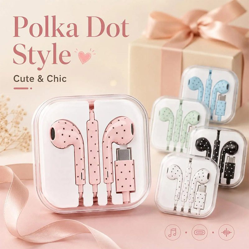 Wired Earphone Mic - Cute Polka Dot Type‑c Wired Earphones