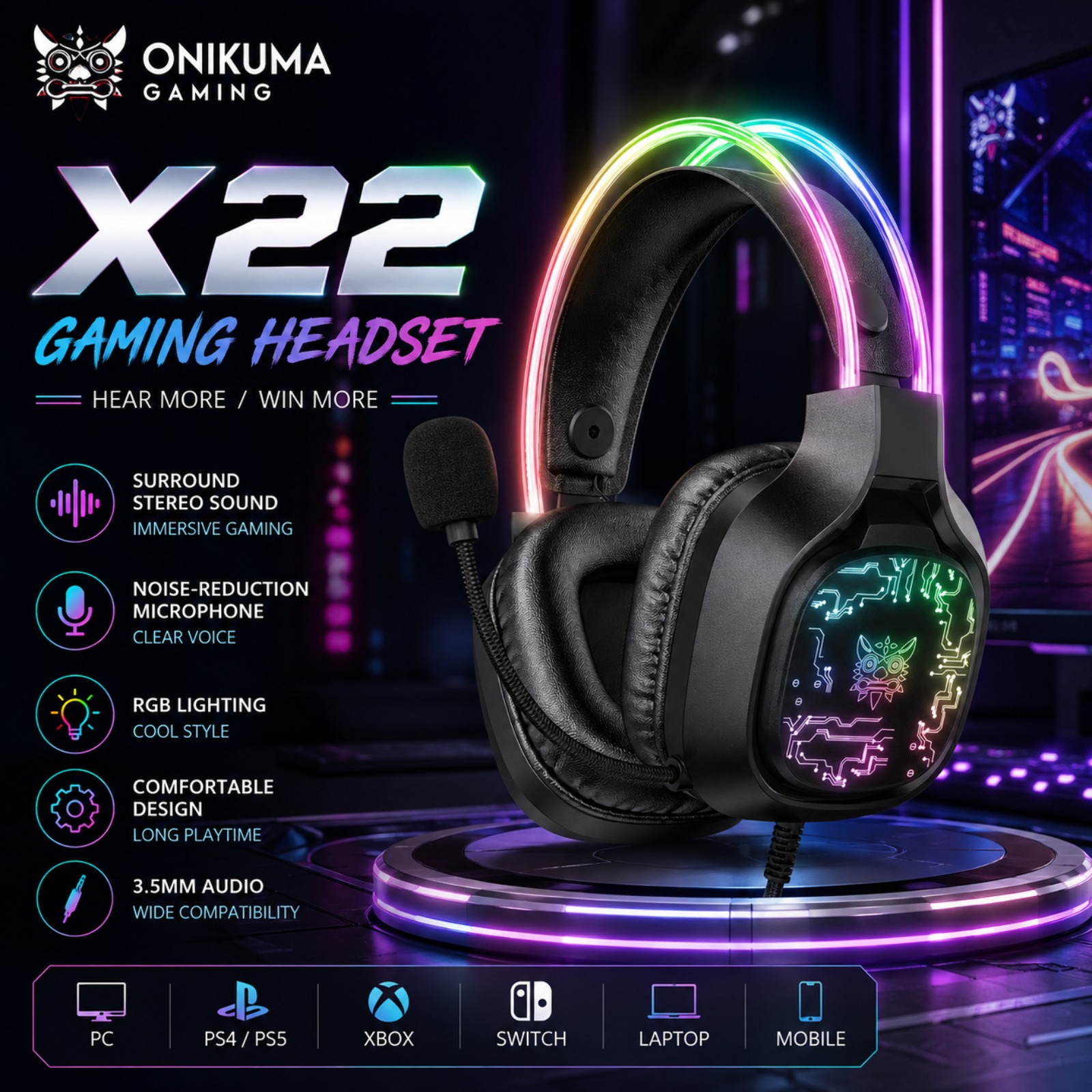 Gaming Headset Rgb - ONIKUMA X22 Wired Gaming Headset RGB